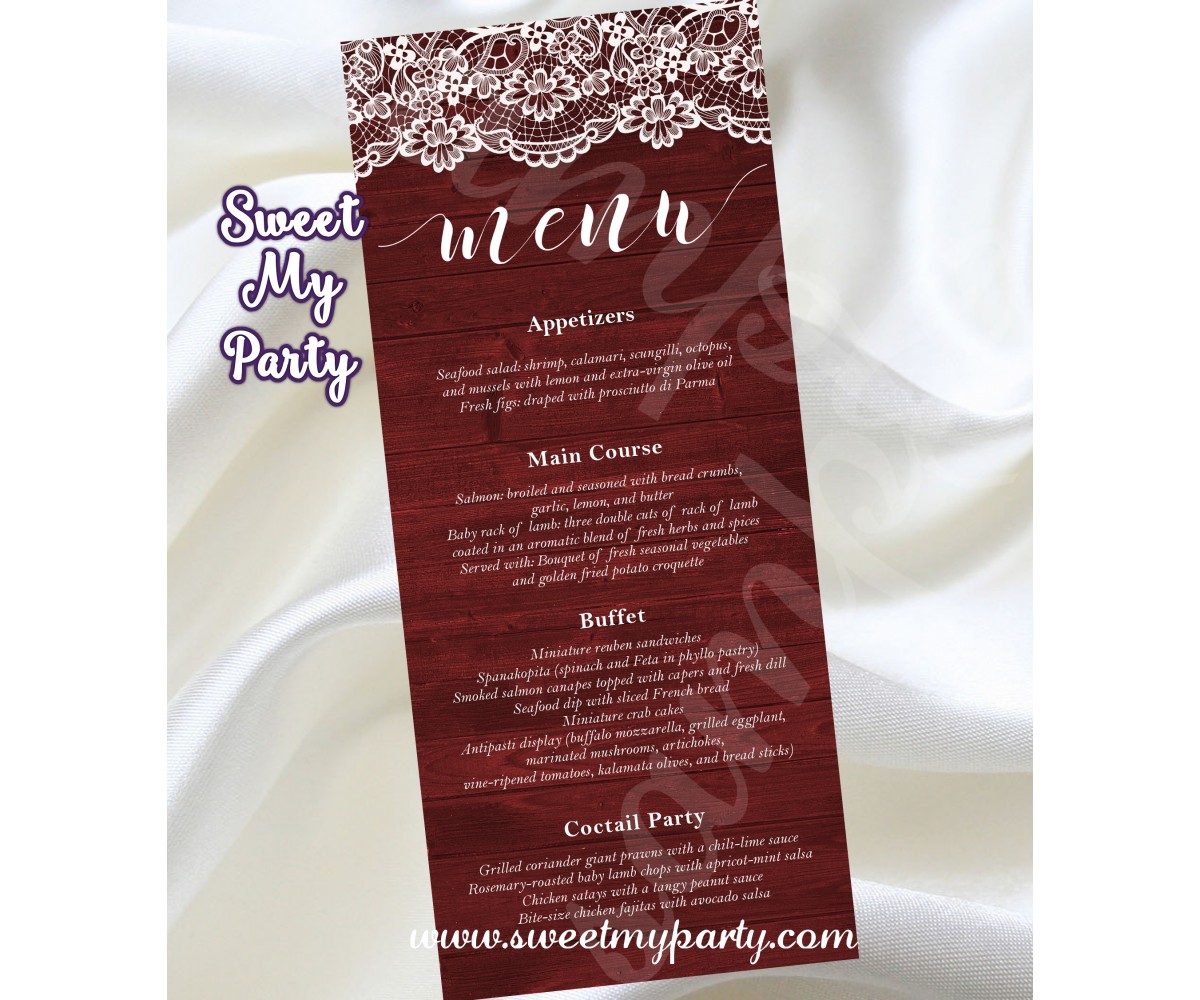Rustic Wedding Menu card tea length,Wood Lace wedding Menu card tea length,(017w)